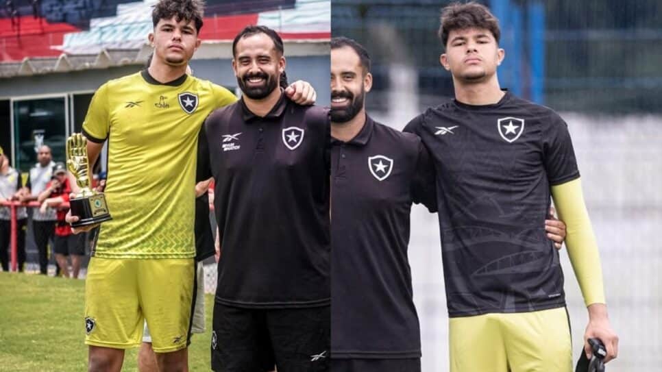 Bruninho posando para fotos nos treinos do Botafogo (Foto: Reprodução/ Instagram/ Montagem)