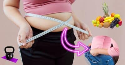 Ilustração de frutas tropicais e mulher com gordura na barriga (Foto: Reprodução / Canva / Montagem TV Foco)