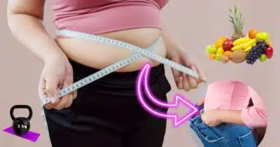 Ilustração de frutas tropicais e mulher com gordura na barriga (Foto: Reprodução / Canva / Montagem TV Foco)
