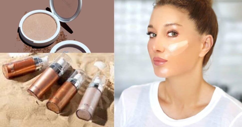 Iluminador em creme ou em pó além de finalizar dá um efeito saudável no rosto (Foto Reprodução/Montagem/Beleza na Web/Canva)