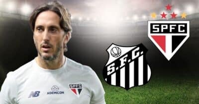 Luis Zubeldía, logo do Santos e do São Paulo (Foto: Reprodução / SFC / SPFC / Montagem TV Foco)