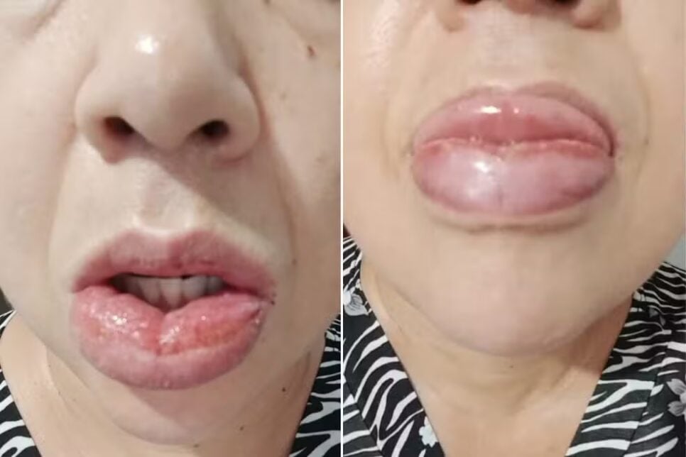 Situação dos lábios de uma usuária do creme dental Colgate Total Clean Mint (Foto Reprodução/G1)