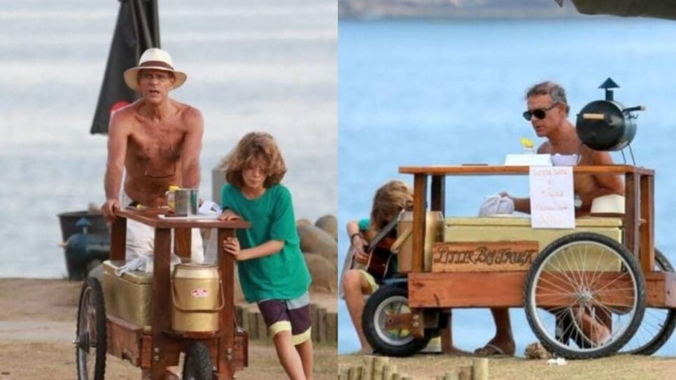 Mário Gomes com seu carrinho de sanduíches nas praias cariocas (Foto: Reprodução/ Cristiana Silva/ Jornal Extra/ Montagem)