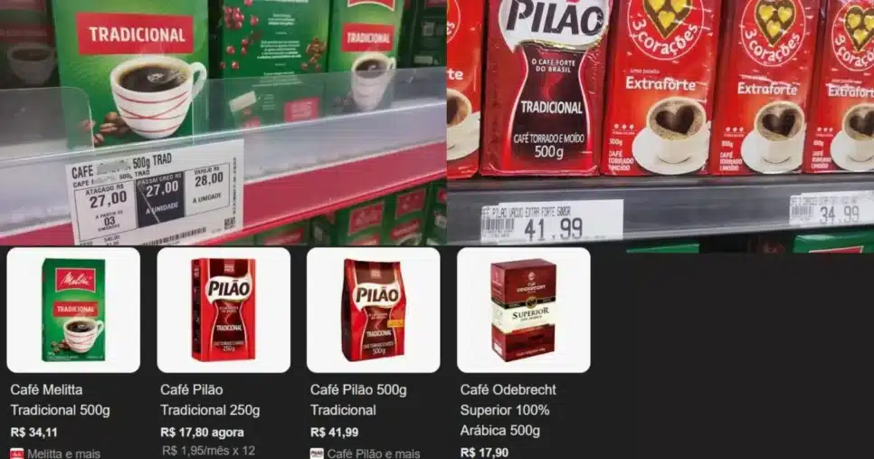Preços do café em 2025 em diferentes supermercados e e-commerce (Foto Reprodução/Montagem/TV Foco/Lennita/Google Shopping/Internet)