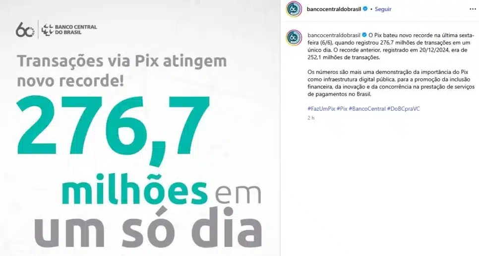 Comunicado do Banco Central sobre o PIX (Foto: Reprodução / Instagram)