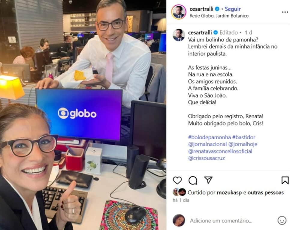 César Tralli compartilha clique ao lado de Renata Vasconcellos, nos bastidores da Globo (Foto: Reprodução)