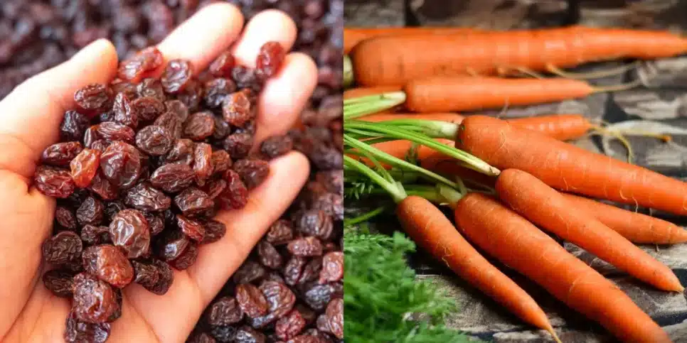 Uva passa e cenoura aumentam a produção de colágeno (Reprodução: Montagem TV Foco)