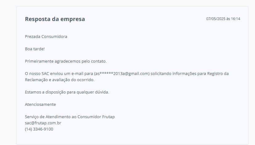 Resposta da Frutap (Foto Reprodução/Reclame Aqui)
