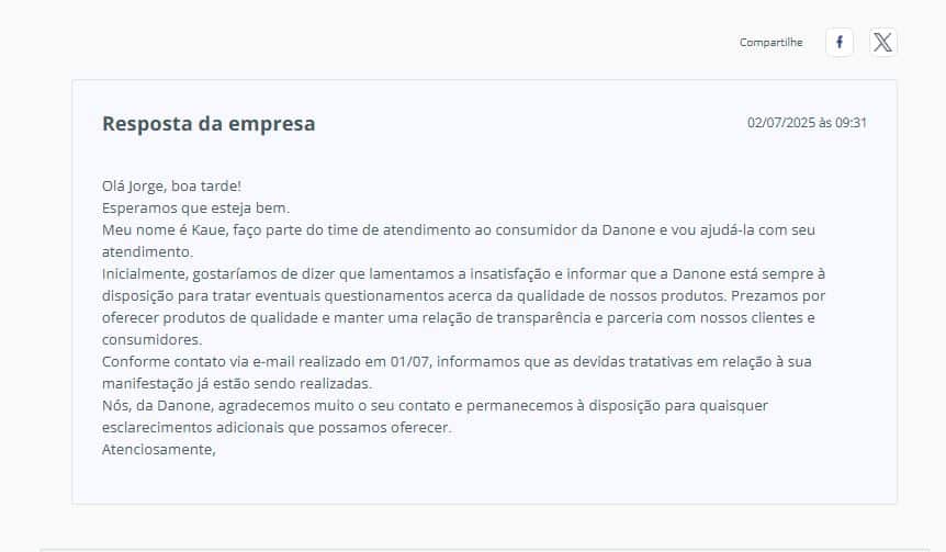 Resposta da Danone após denúncia contra a Aptamil (Foto Reprodução/Reclame Aqui)