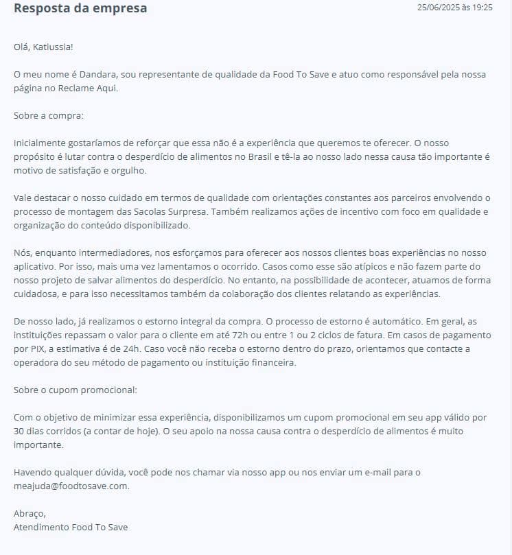 Resposta da Food To Save (Foto Reprodução/Reclame Aqui)