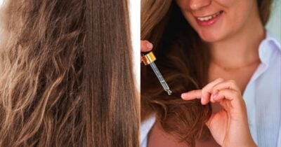 Cabelo com frizz e sem e mulher passando óleo nos fios (Foto: Reprodução/ Internet)