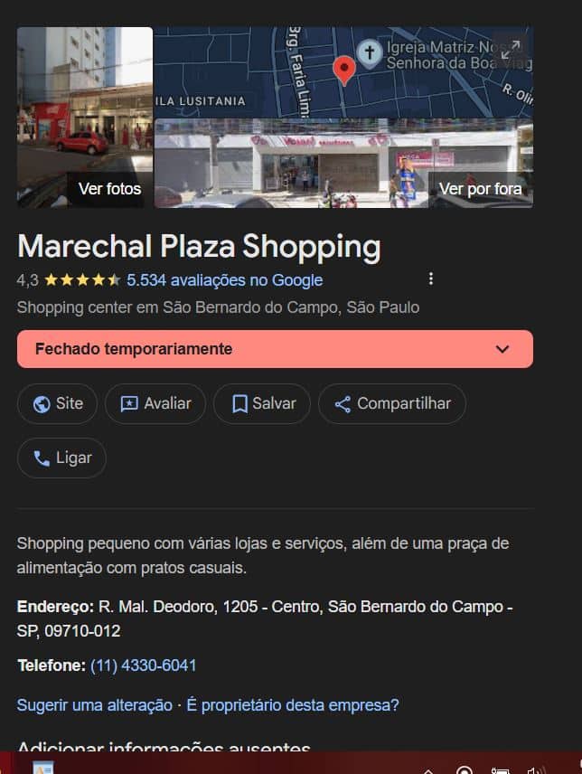 Status do Shopping no Google Maps (Foto Reprodução/Maps)