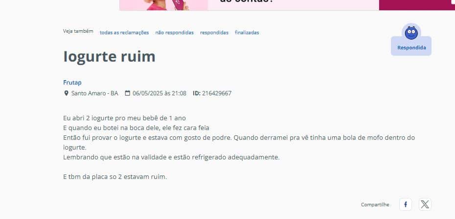 Denúncia contra a Frutap (Foto Reprodução/Reclame Aqui)