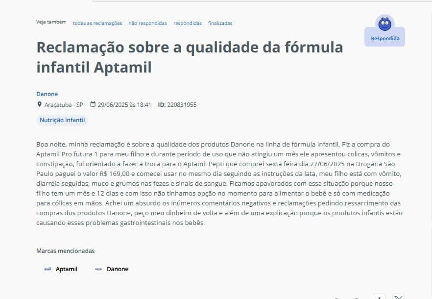 Denúncia contra a fórmula infantil da Aptamil, linha da Danone (Foto Reprodução/Reclame Aqui)