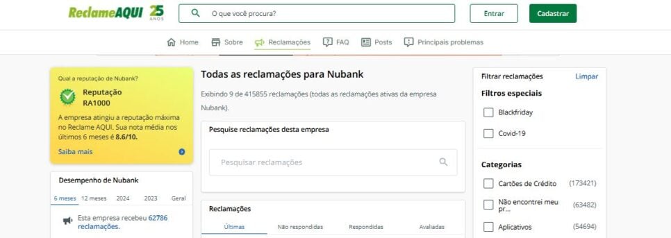 Avaliação do Nubank pelo Reclame Aqui (Foto Reprodução/RA)
