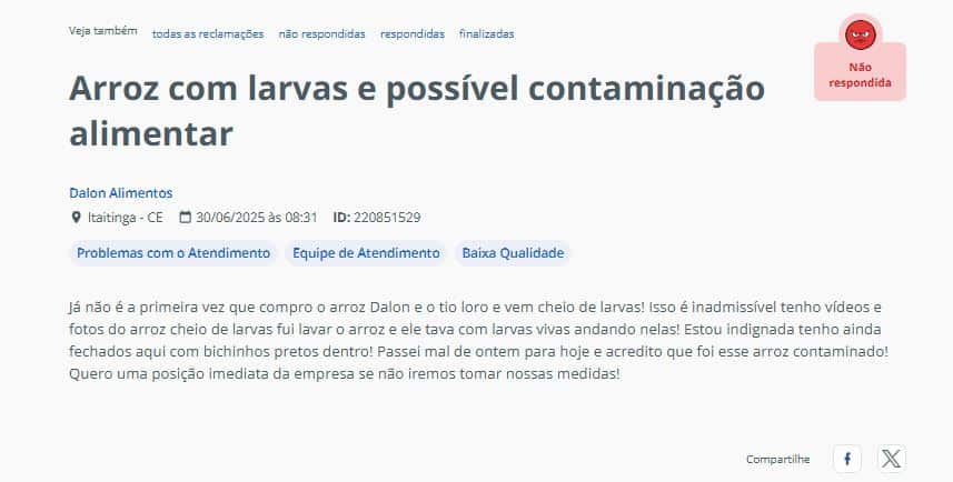 Denúncia contra arroz popular (Foto Reprodução/Reclame Aqui)