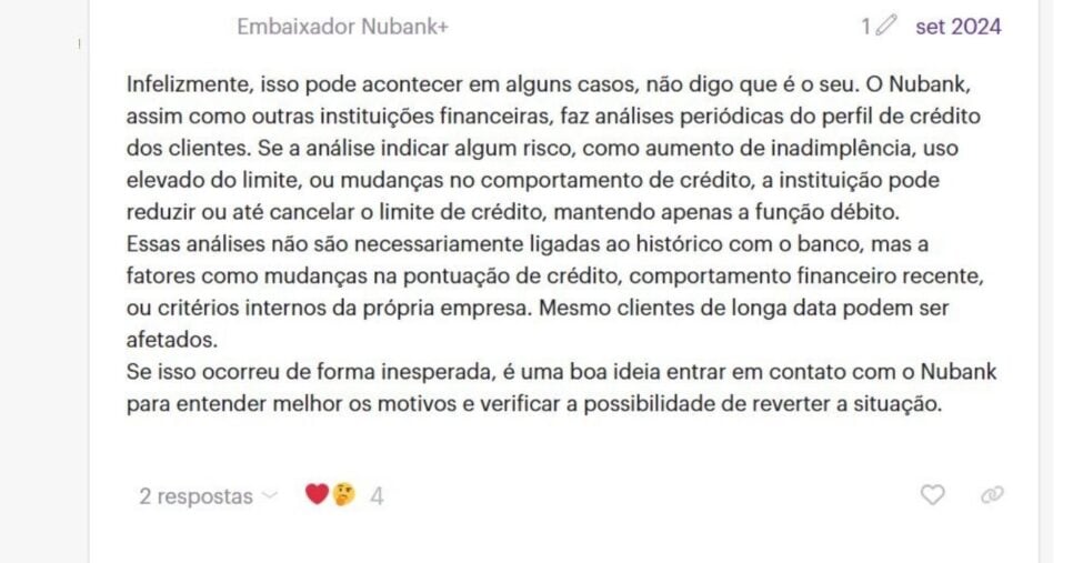 Resposta de outro perfil com a alcunha de "Embaixador Nubank"(Foto Reprodução/Nu Community)