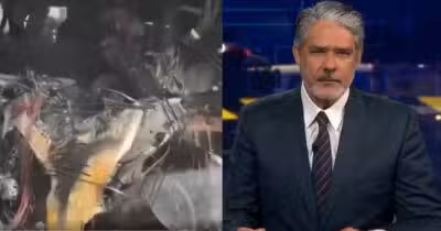 Destroços de avião e William Bonner no Jornal Nacional (Fotos: Reproduções / Globo)
