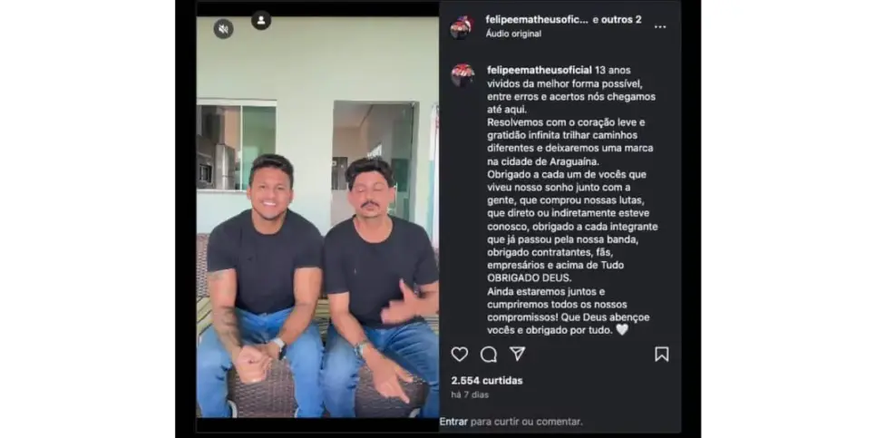Felipe e Matheus anunciam fim da dupla (Foto: Reprodução / Instagram) Felipe e Matheus anunciam fim da dupla (Foto: Reprodução / Instagram)