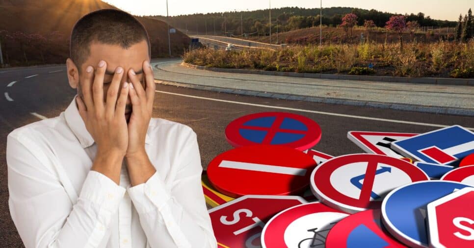 Homem preocupado, estrada e ilustrações de leis de trânsito (Fotos: Canva)