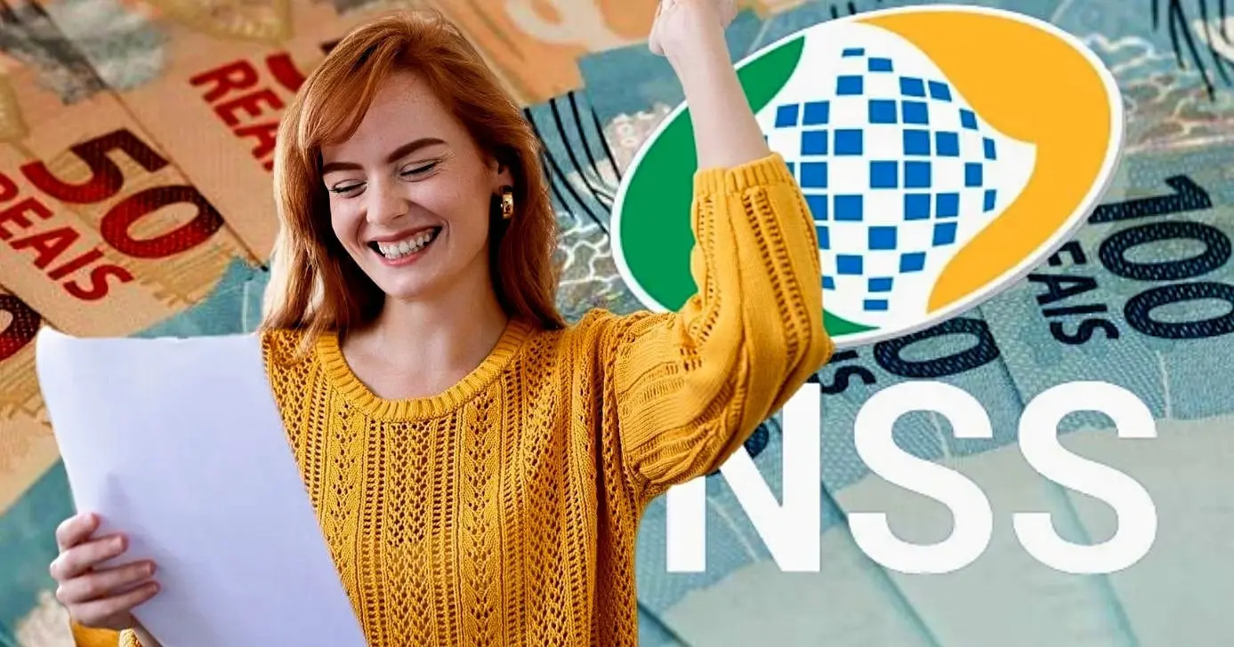 Ilustração de mulher feliz/ INSS (Foto Reprodução/Montagem/Lennita/Tv Foco/Canva)