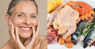 Ilustração de mulher com a pele rejuvenescida e alimentos ricos em colágeno (Foto: Reprodução/ Internet)