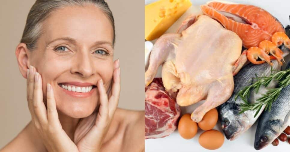 Ilustração de mulher com a pele rejuvenescida e alimentos ricos em colágeno (Foto: Reprodução/ Internet)