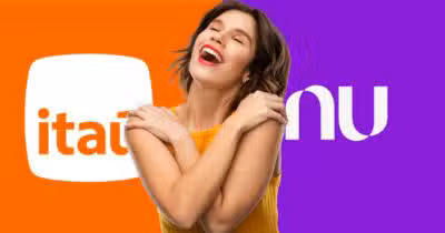 Logo Itaú, mulher feliz e logo do Nubank (Fotos: Reproduções / Internet / Canva)