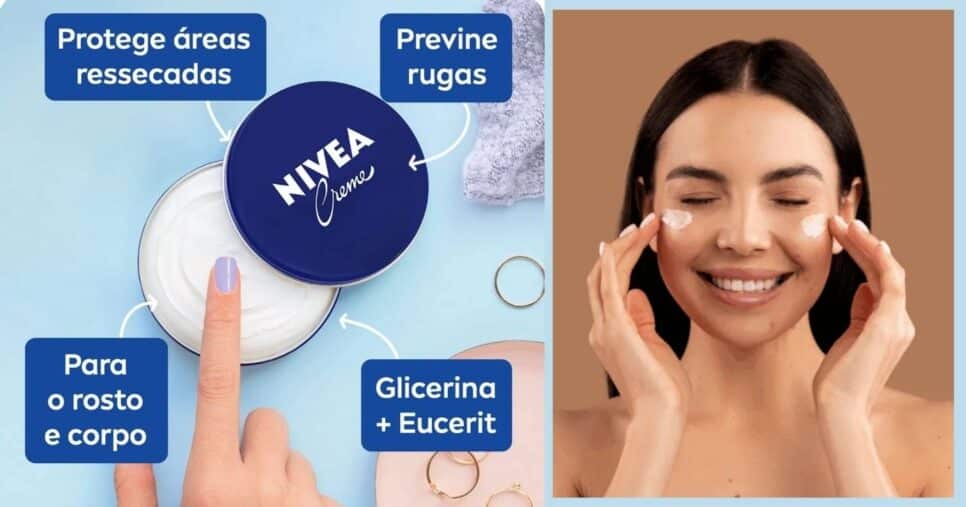Nivea creme é super fácil se ser inserido em uma rotina de skincare (Foto Reprodução/Montagem/Lennita/Tv Foco/YouTube)