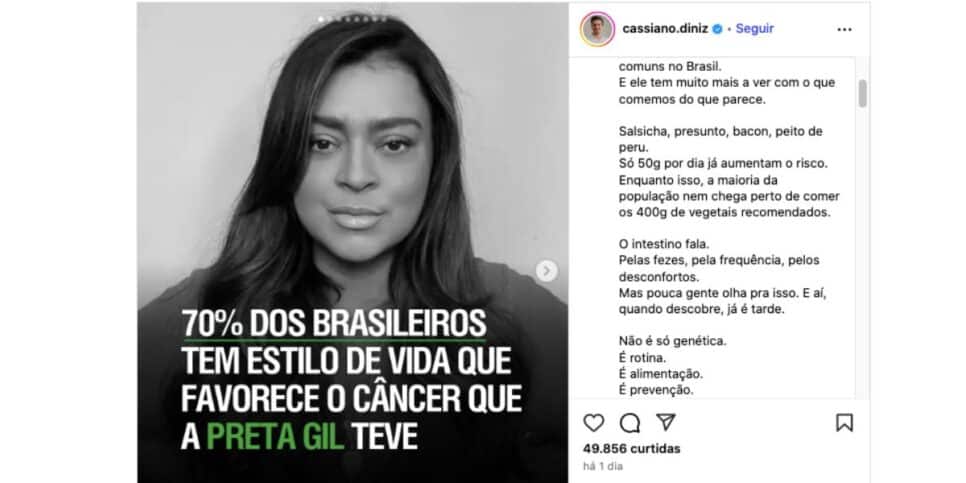 Publicação sobre câncer no intestino (Foto: Reprodução / Instagram)