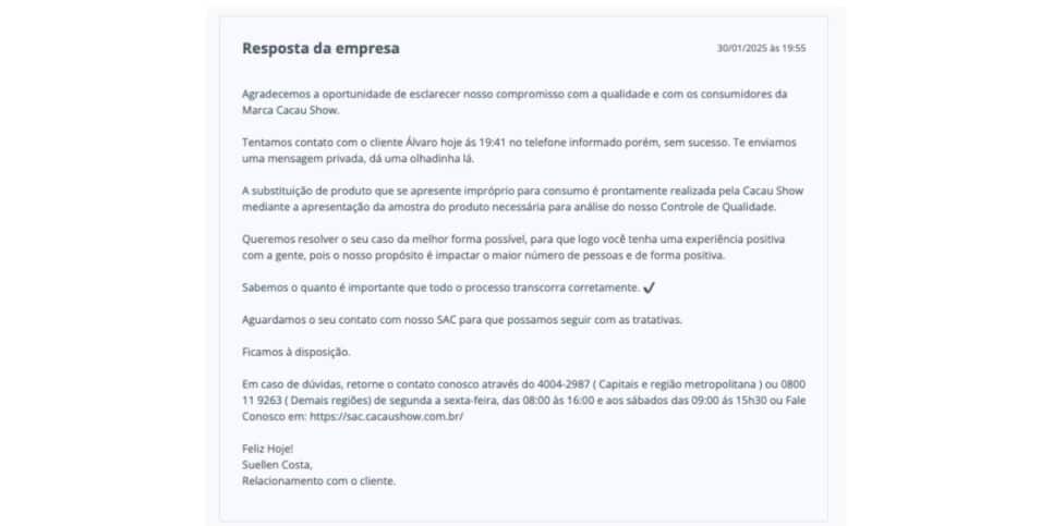 Resposta da Cacau Show (Foto: Reprodução / Reclame Aqui)
