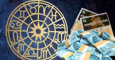 Signos, notas de cem reais e volante Mega-Sena (Fotos: Reproduções / Canva / Internet)