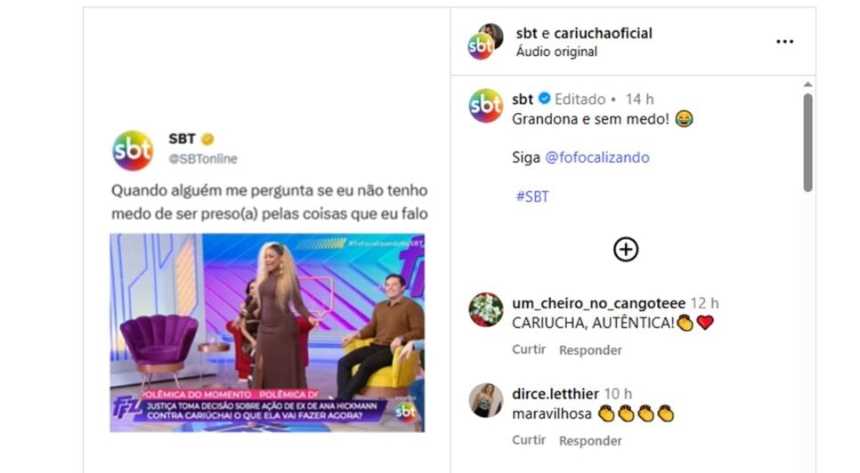 Perfil do canal e da apresentadora se unem em meme de momento no palco do Fofocalizando (Foto: Reprodução/ Instagram)