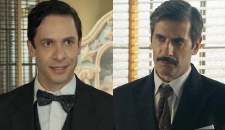 Celso (Rainer Cadete) e Araújo (Flávio Tolezani) em Êta Mundo Melhor (Foto: Reprodução / Globo)

