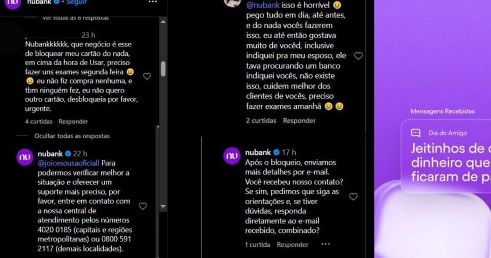 Comentários de uma cliente Nubank e as respostas da fintech (Foto Reprodução/Instagram)