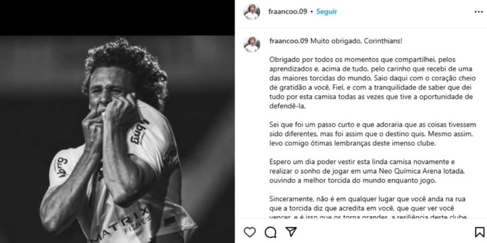 Franco Delgado em sua despedida do Corinthians (Reprodução: Instagram)