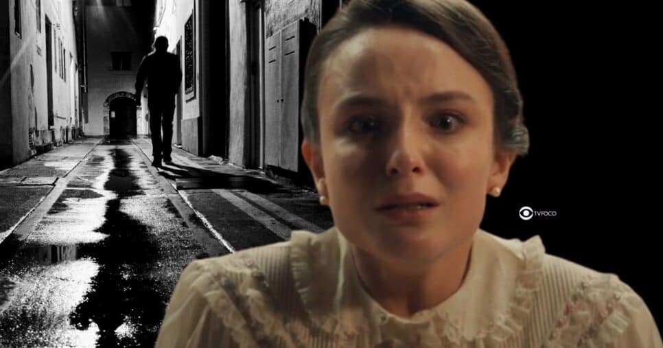 Ilustração de homem misterioso e Estela em Êta Mundo Melhor! (Foto: Reprodução / Globo / Montagem TV Foco)