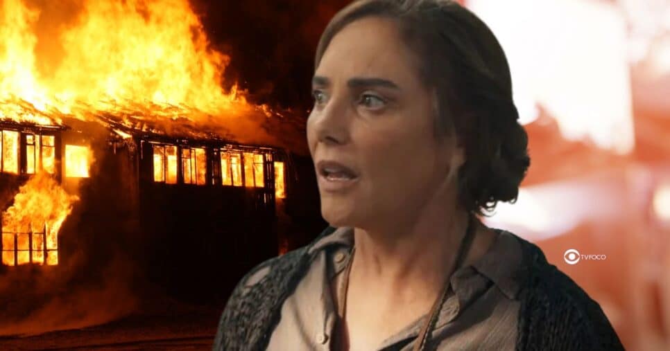 Ilustração de incêndio e Zulma em Êta Mundo Melhor! (Foto: Reprodução / Globo / Montagem TV Foco)