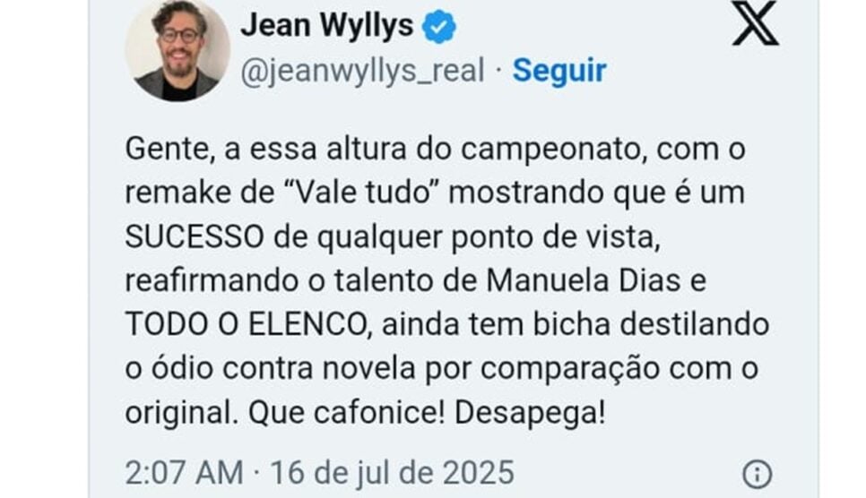 Jean Wyllys defende remake e autora de "Vale Tudo" (Foto: Reprodução/ X)