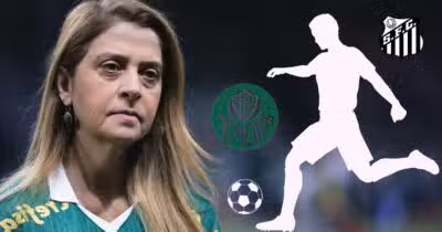 Leila Pereira e ilustração de jogador saindo do Verdão e indo para o Santos (Foto: Reprodução / Palmeiras / Canva / Montagem TV Foco)