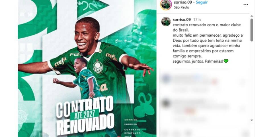 Sorriso comemora renovação com o Palmeiras (Reprodução: Instagram)