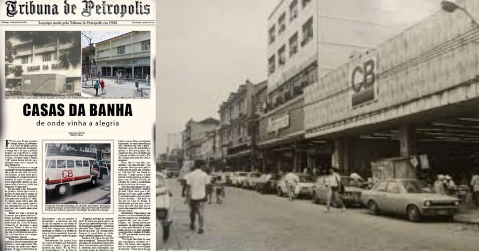 Jornal Tribuna de Petrópolis relembra história da Casas da Banha, em publicação de 2000 (Foto Reprodução/Montagem/Lennita/Tv Foco/Facebook/Tribuna de Petrópolis)