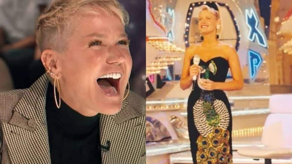 Xuxa revela que Roberto Carlos foi tomar banho após abraçá-la com vestido de pavão com detalhe lilás (Foto: Reprodução/ Internet/ GNT/ Montagem)