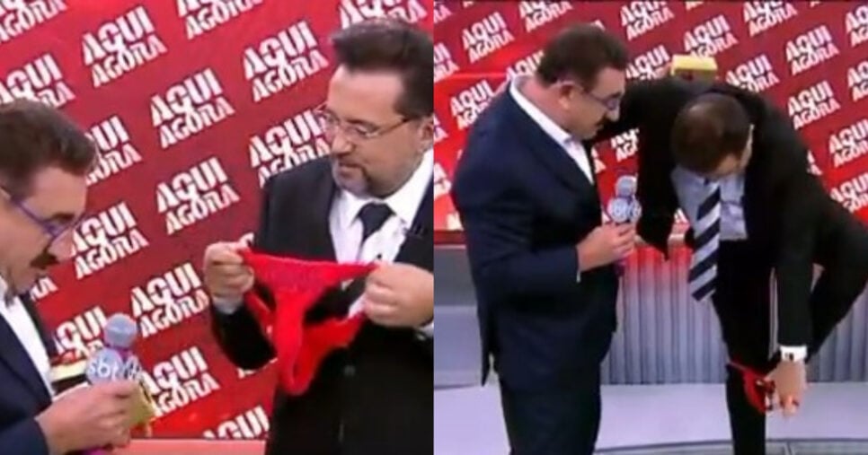 Ratinho presenteia Geraldo Luís com calcinha ao vivo no SBT (Foto: Reprodução/Montagem TV Foco)