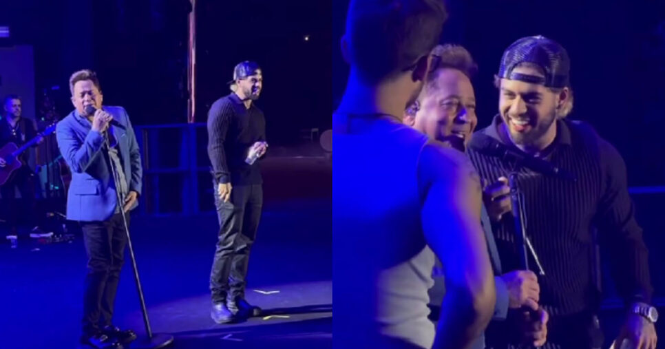 Leonardo canta com os filhos Zé Felipe, João Guilherme e Matheus Vargas em show especial em Goiânia (Foto: Reprodução)