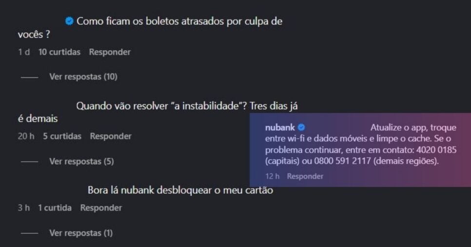 Mais reclamações e a resposta do Nubank a seguir (Foto Reprodução/Instagram Nubank Oficial)