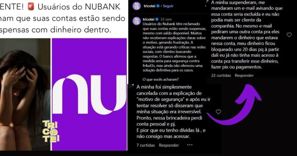 Relatos nas redes sociais informando suspensão de contas (Foto Reprodução/Montagem/Lennita/Tv Foco/Canva/Instagram)