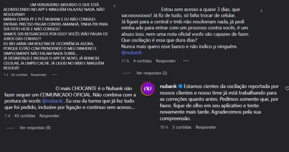 Enxurrada de reclamações (Foto Reprodução/Instagram Nubank Oficial)