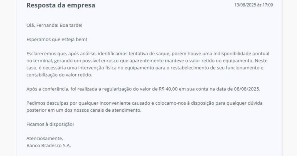 Resposta do Bradesco (Foto Reprodução/Reclame Aqui)