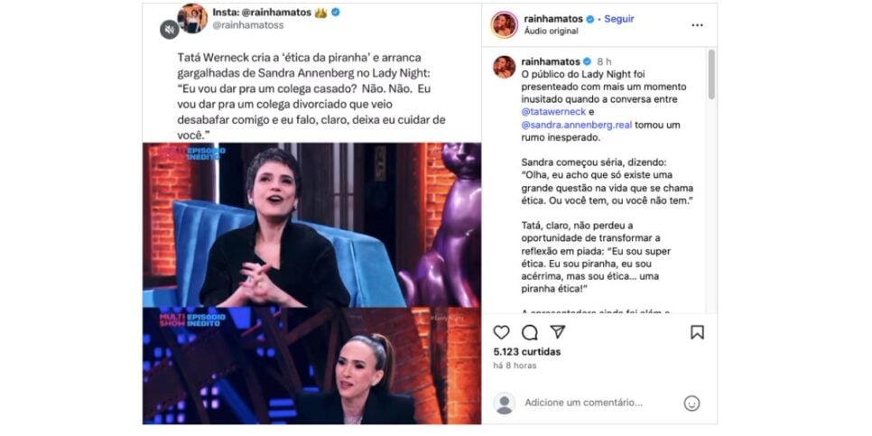 Sandra Annenberg e Tata Werneck no Lady Night (Foto: Reprodução / Instagram)
